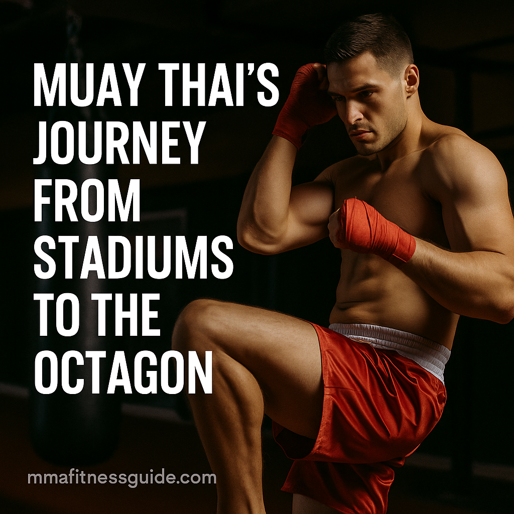 Male Muay Thai fighter throwing a knee strike inside a gym, with the title “Muay Thai’s Journey from Stadiums to the Octagon” displayed.