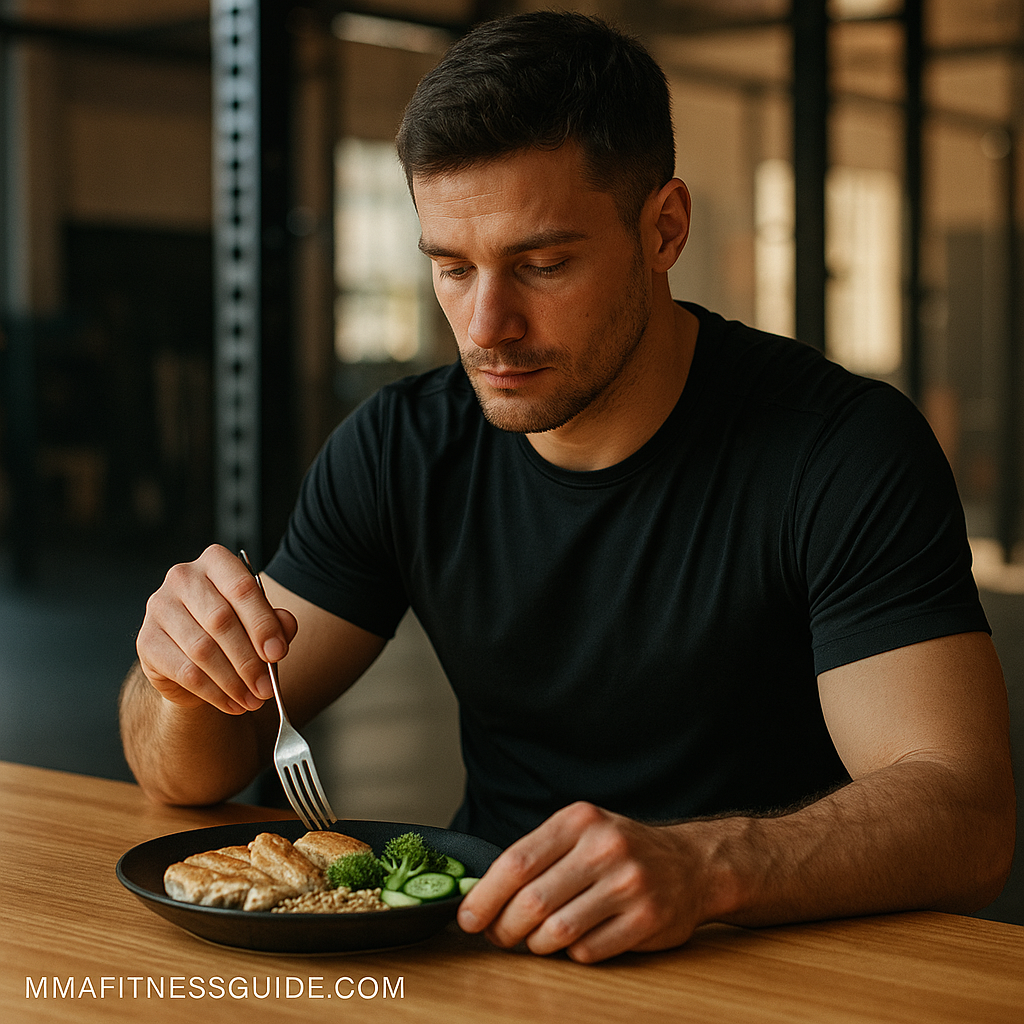 Male MMA fighter sitting at a gym table eating a balanced post-training meal under warm natural light.
