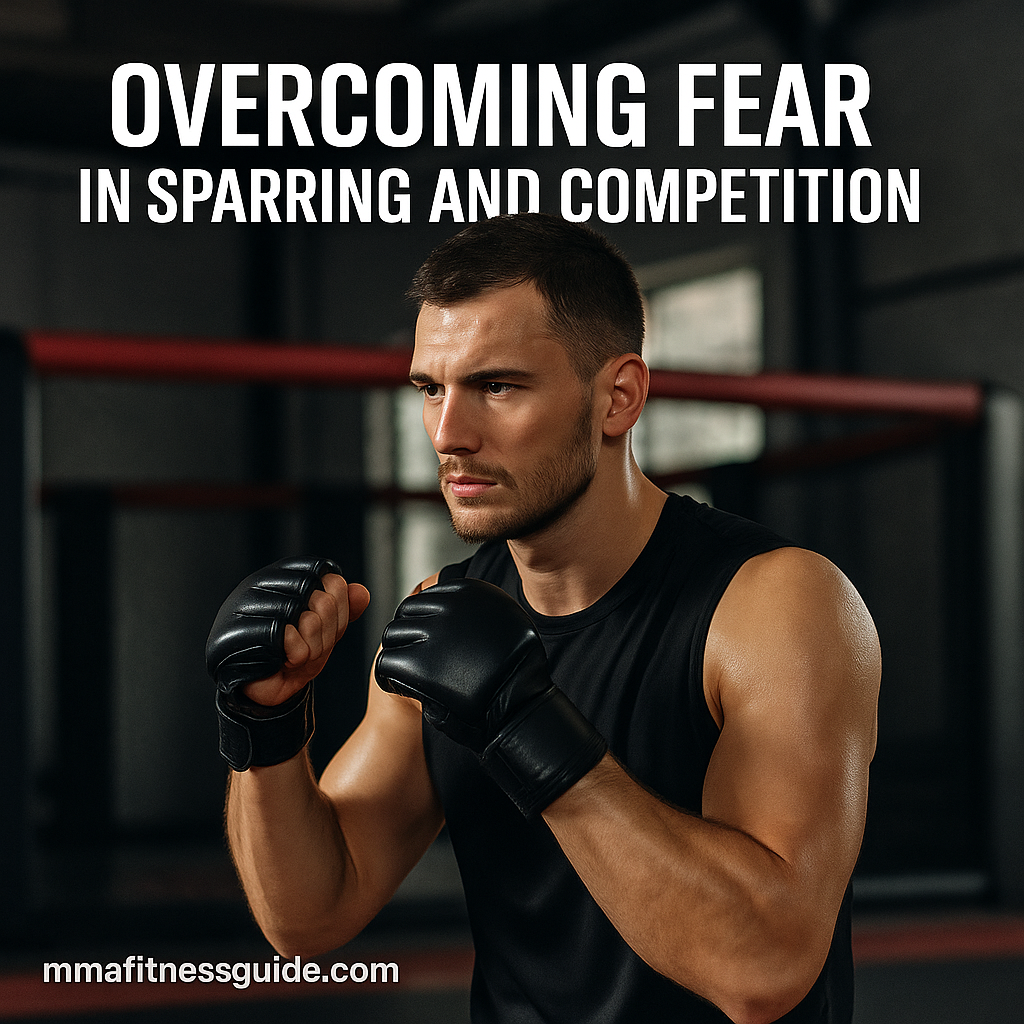 Male MMA fighter standing in a gym before sparring with a focused expression and boxing gloves.