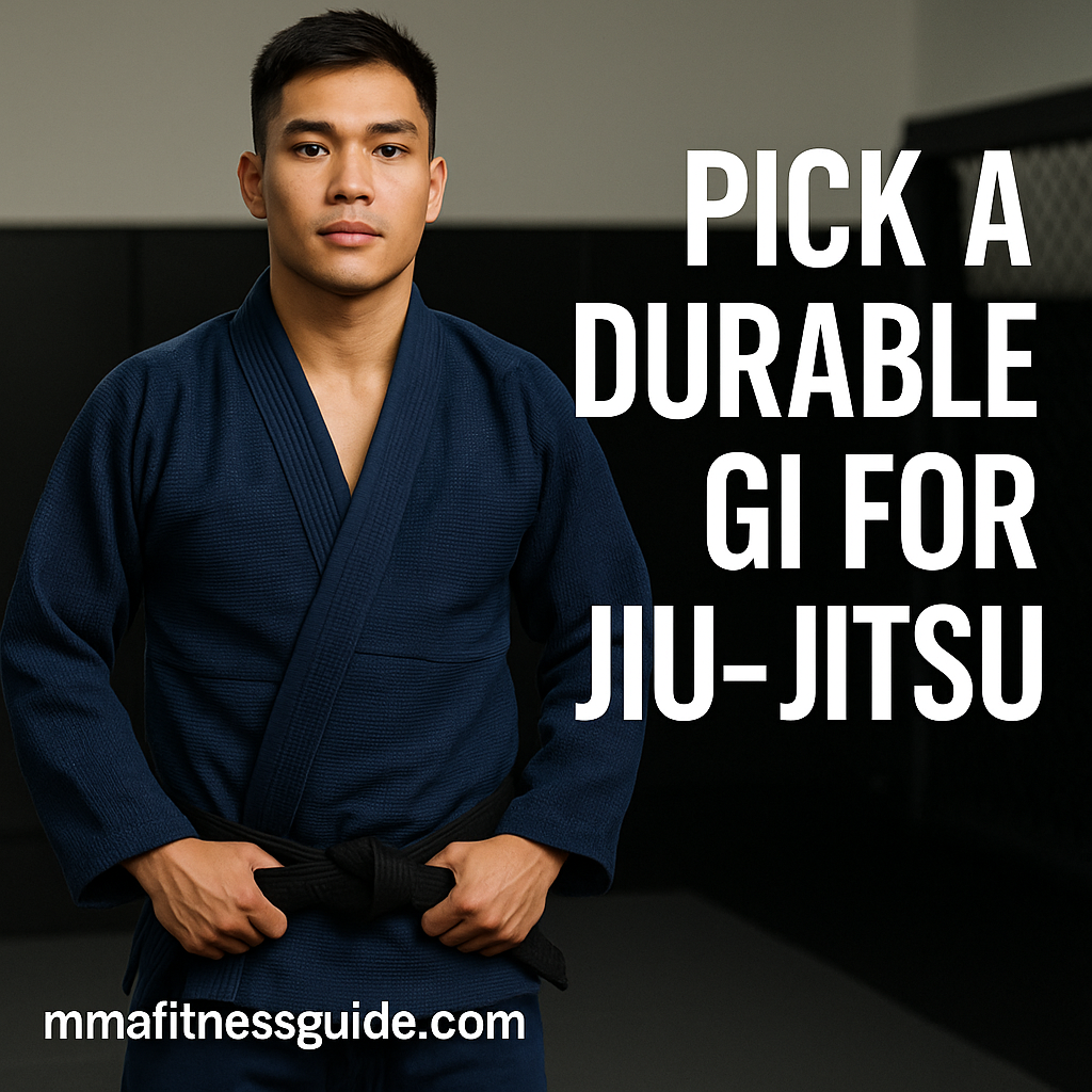 Male BJJ athlete wearing a durable navy gi with the title “Pick a Durable Gi for Jiu-Jitsu” displayed.