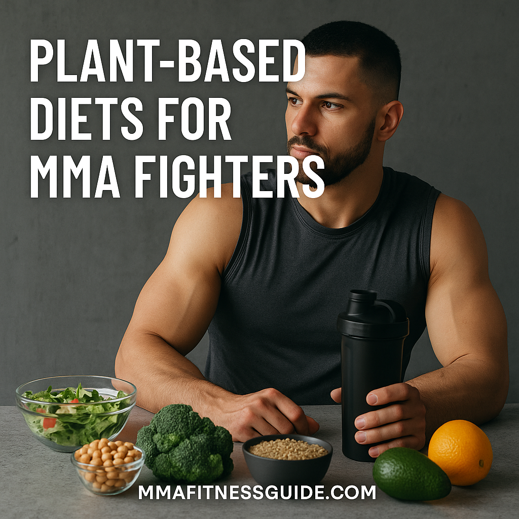 Male MMA fighter sitting at a table with assorted plant-based foods, promoting clean nutrition for athletic performance.