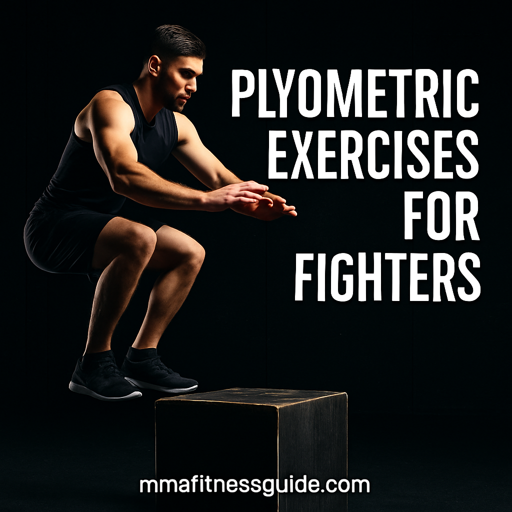 Male fighter performing a powerful plyometric box jump in a dark gym with white title text reading Plyometric Exercises for Fighters.