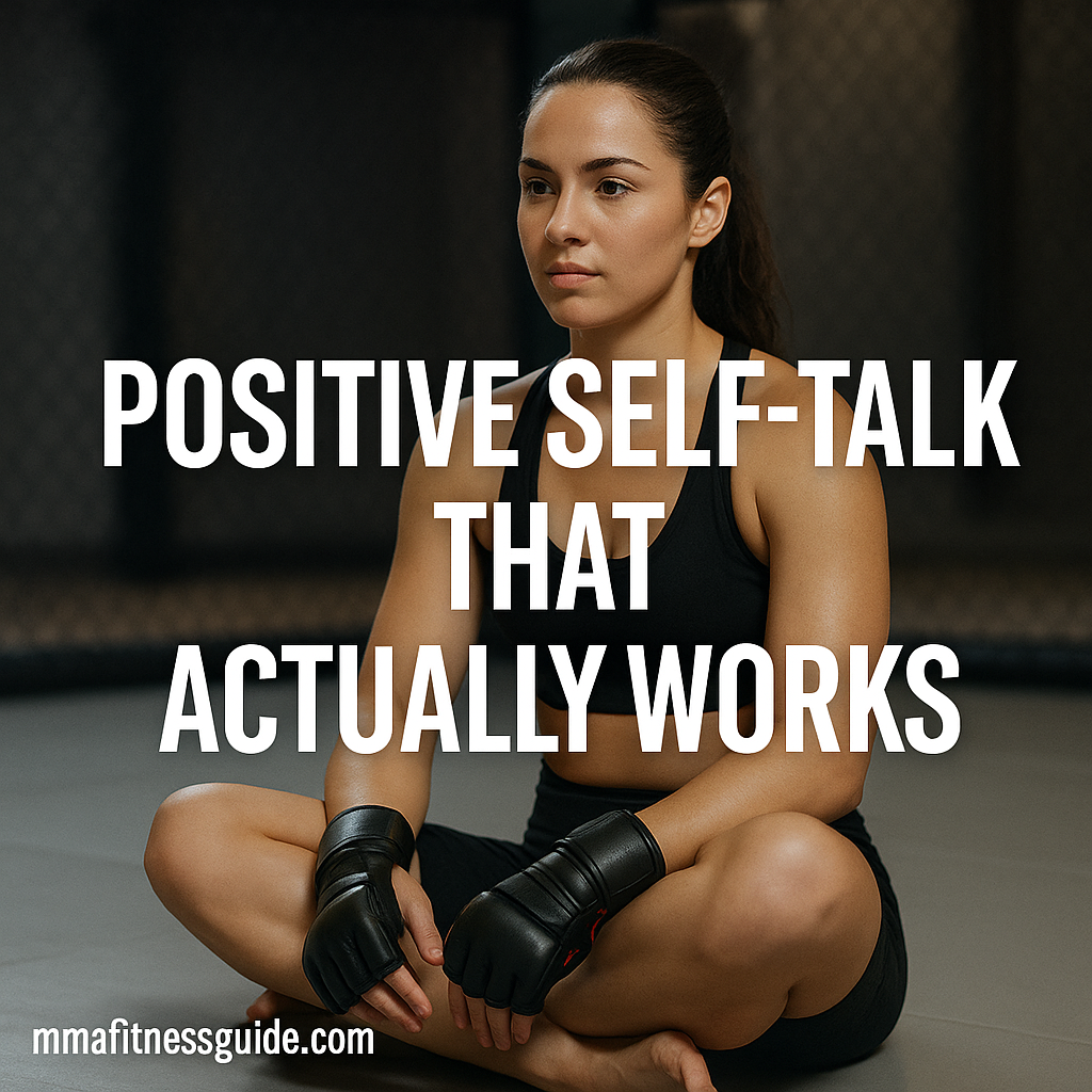 Fit female MMA athlete sitting calmly on the mats with gloves off, focusing quietly with the title “Positive Self-Talk That Actually Works” displayed.