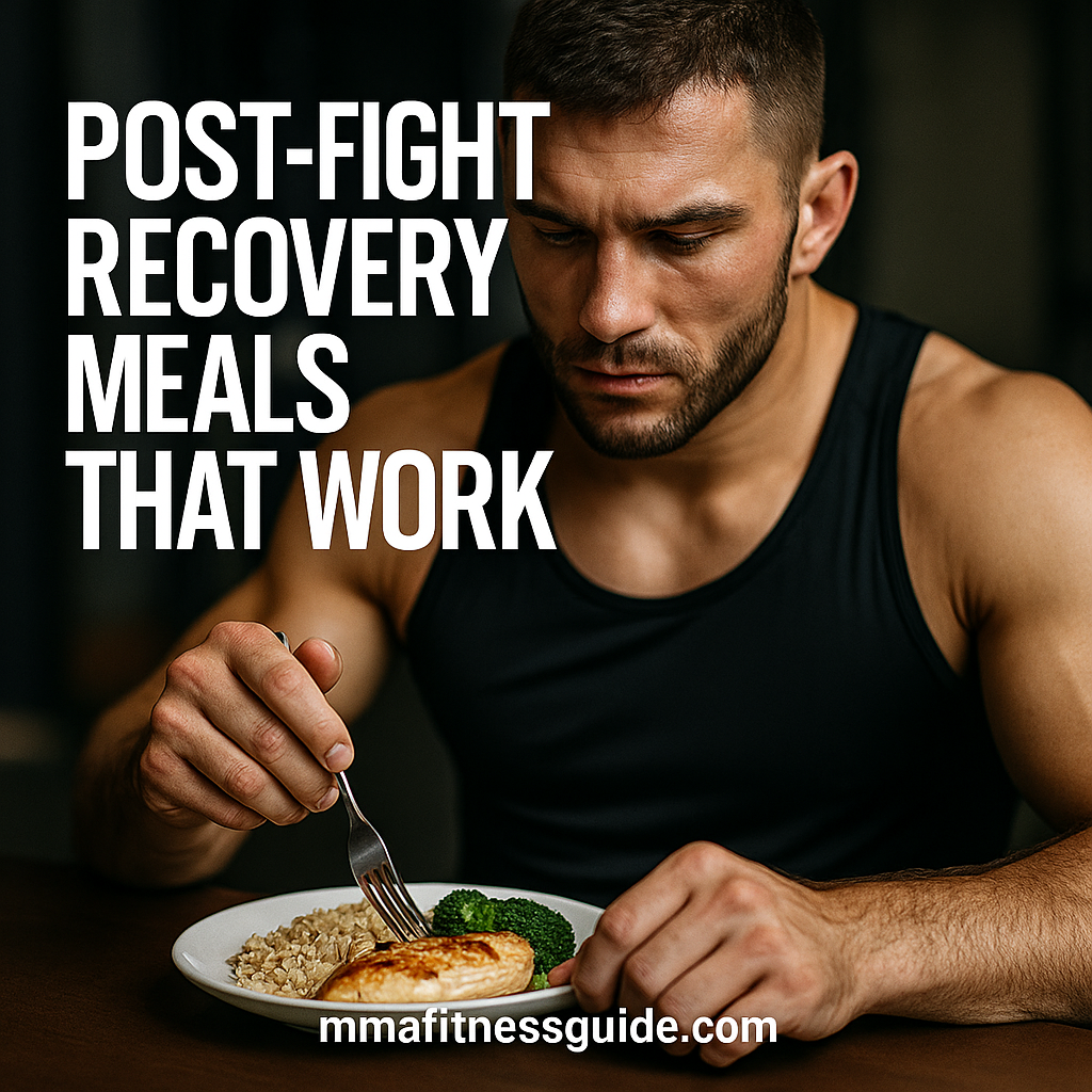 Close-up of a muscular male fighter eating a clean post-fight recovery meal of chicken, rice, and broccoli with white title text reading Post-Fight Recovery Meals That Work.