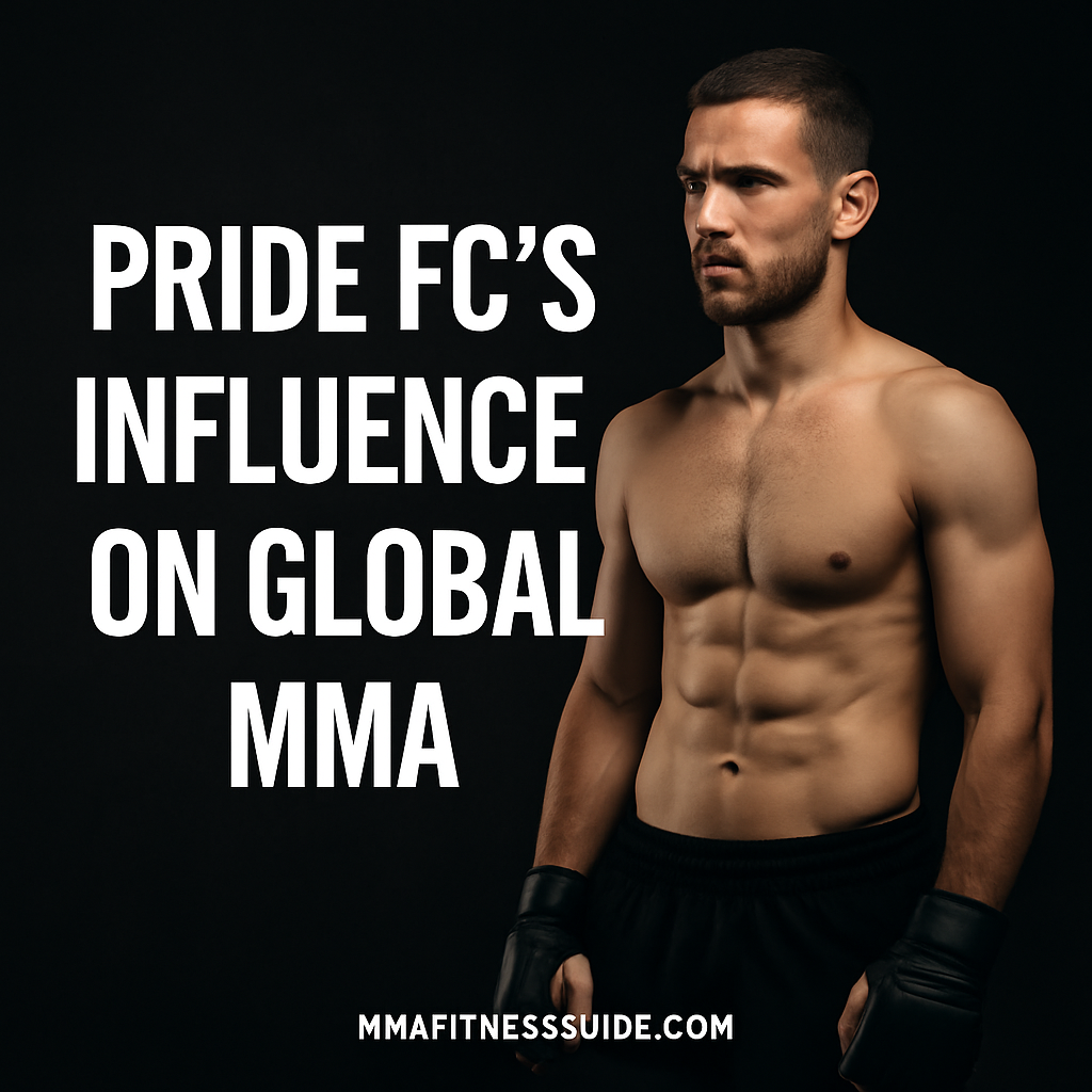 Male fighter standing shirtless against a dark backdrop with white title text about Pride FC’s influence on global MMA.