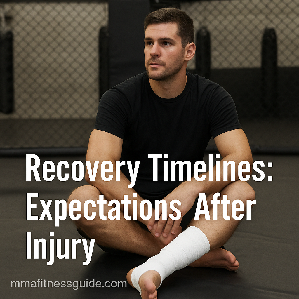 Male MMA athlete sitting on the mats with a wrapped ankle, resting calmly in the gym with the title “Recovery Timelines: Expectations After Injury” displayed.