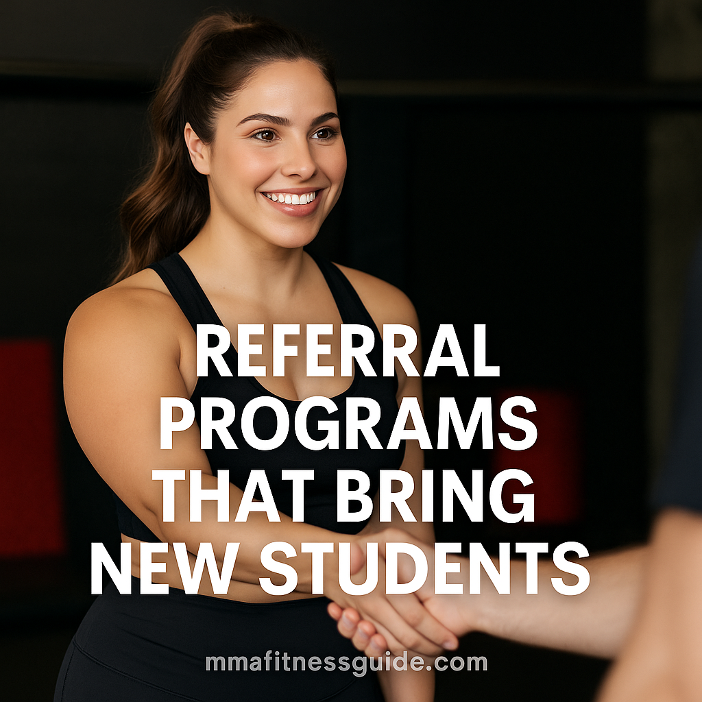 Athletic and curvy female MMA coach smiling while welcoming a new student with a handshake, with the title “Referral Programs That Bring New Students” displayed.