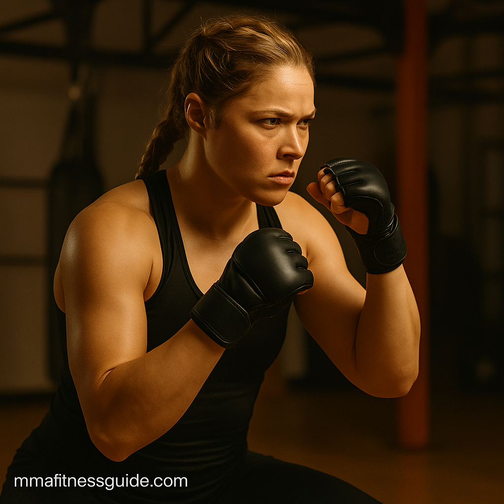 Female MMA athlete training in gym with focused expression, inspired by Ronda Rousey’s strength and influence.