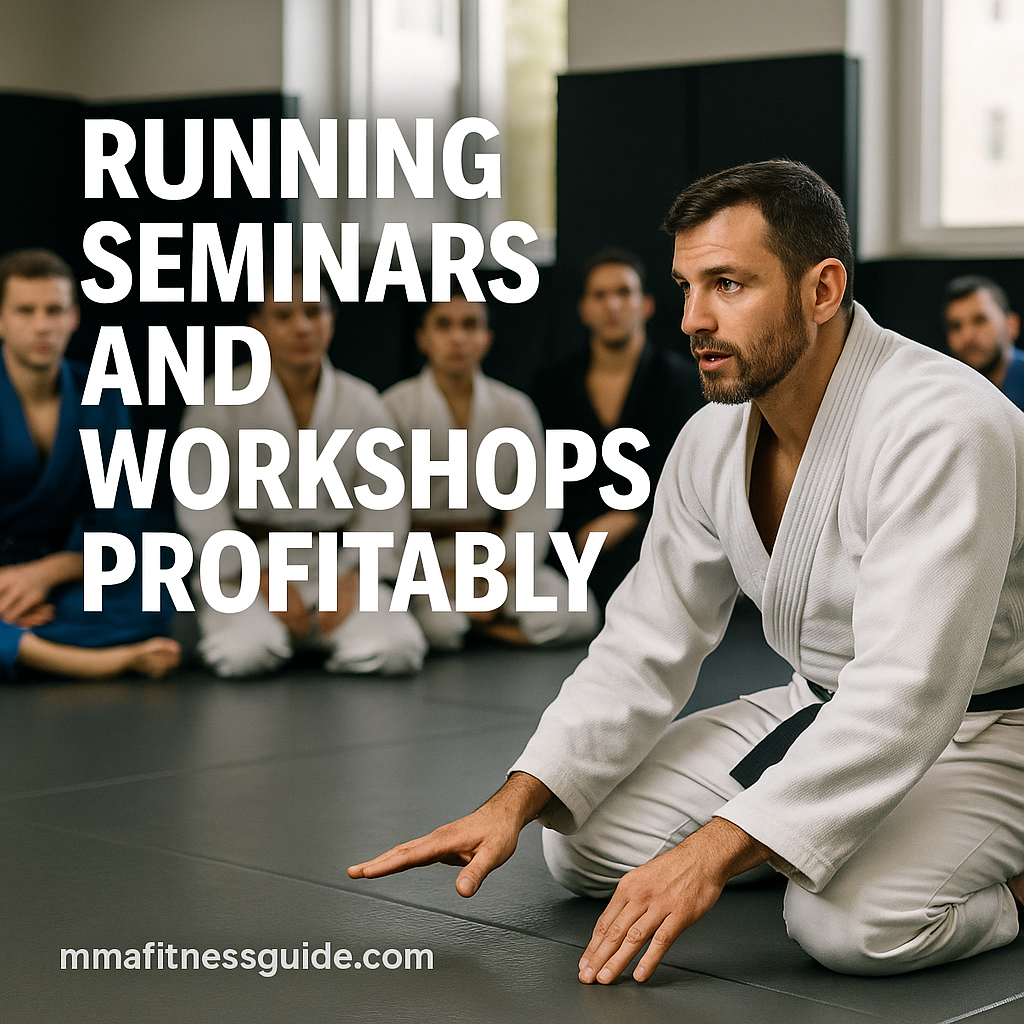 Male martial arts instructor teaching a seminar on the mats with students seated around him, with the title “Running Seminars and Workshops Profitably” displayed.
