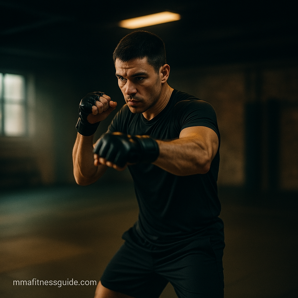 Male MMA fighter shadowboxing in a dimly lit gym with focused expression and motion blur showing movement.