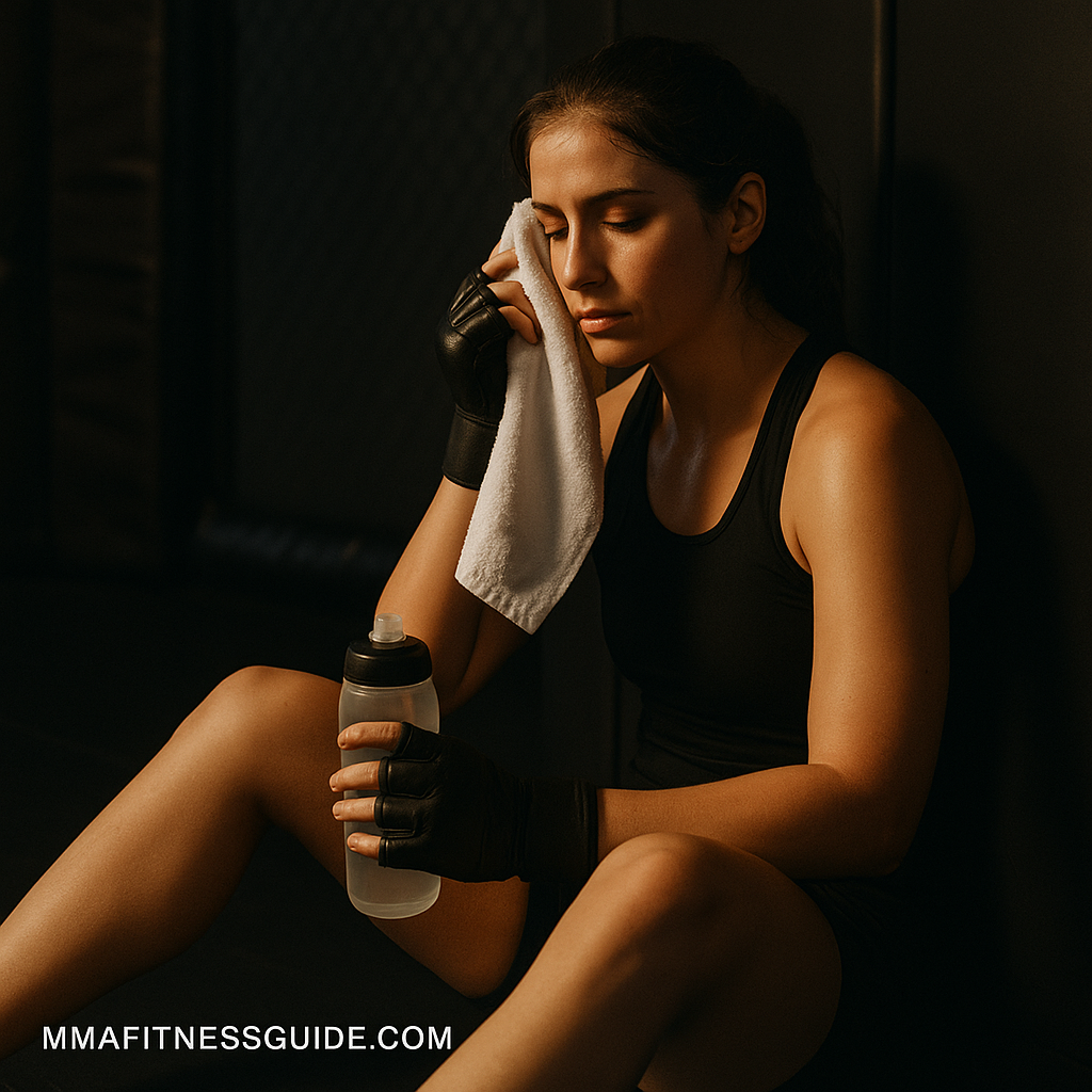 Female MMA fighter sitting on gym mats after training, wiping sweat with a towel and holding a water bottle under warm gym lighting.