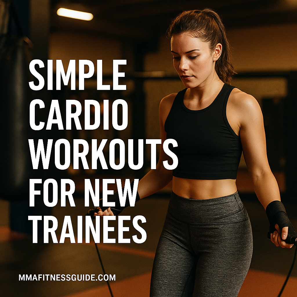 Female beginner MMA athlete jump roping in a gym with focused expression under warm lighting.