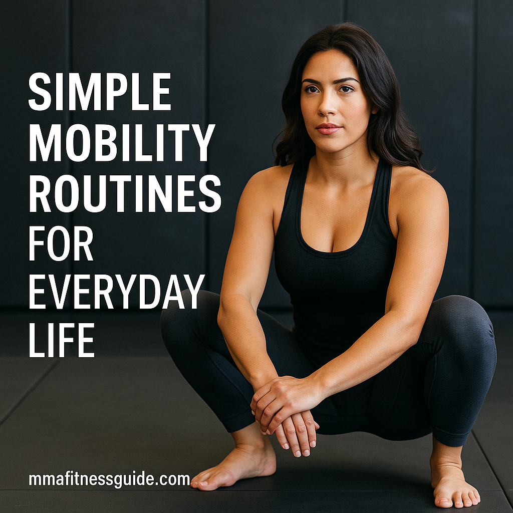 Fit and attractive female MMA athlete performing a deep squat mobility stretch on gym mats, with the title “Simple Mobility Routines for Everyday Life” displayed.