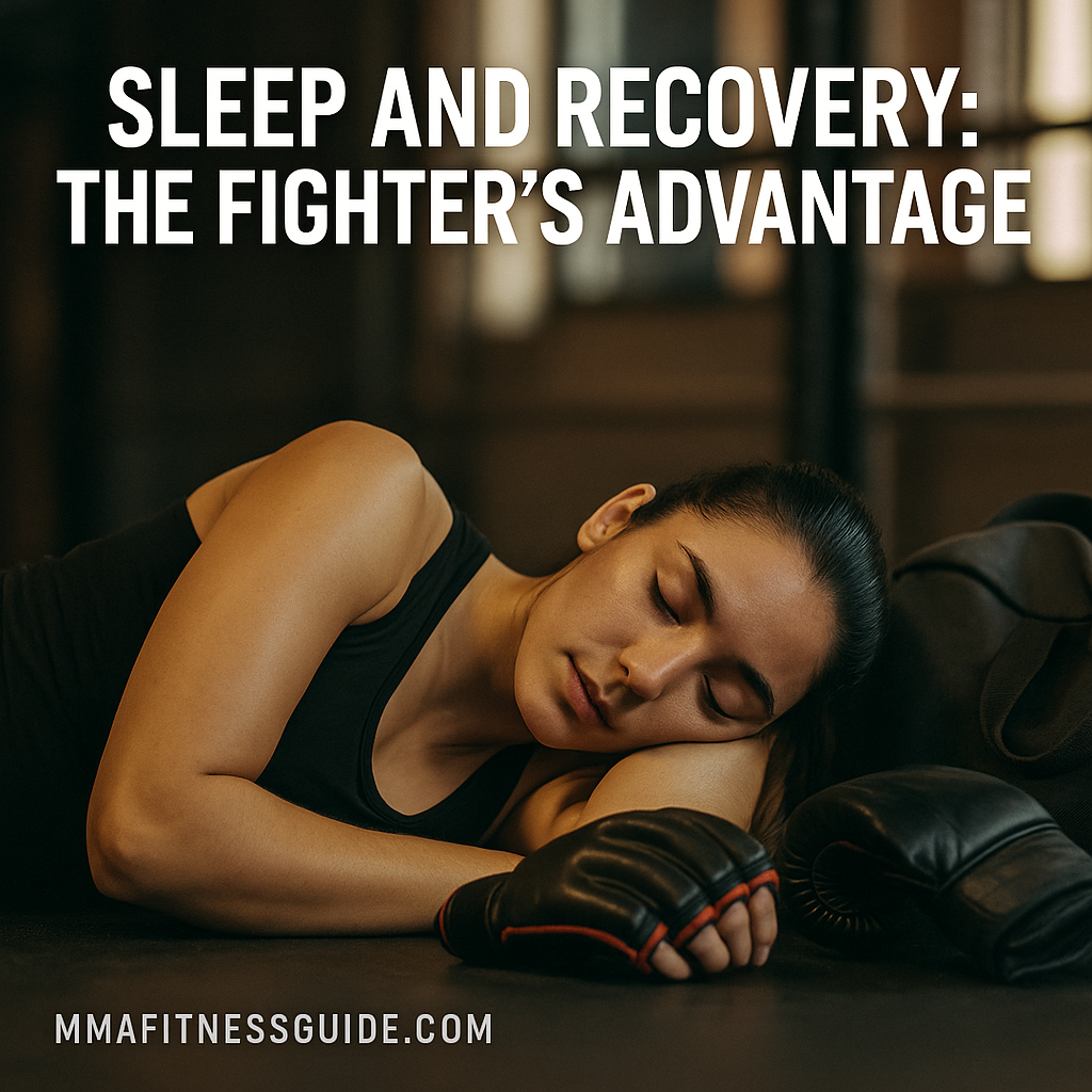 Female MMA athlete resting on a gym mat after training with gloves beside her under soft evening light.