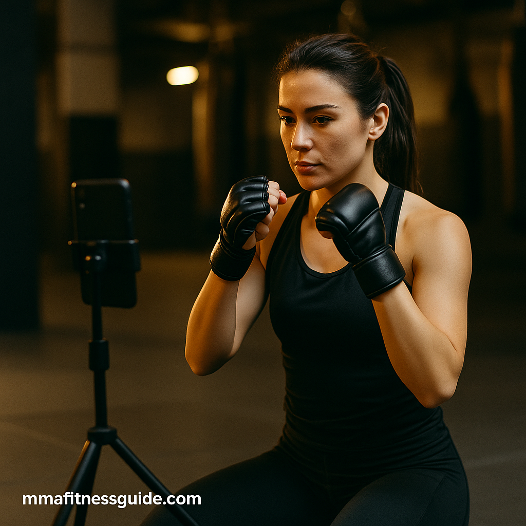 Female MMA fighter recording training content with smartphone on tripod in gym under warm lighting.