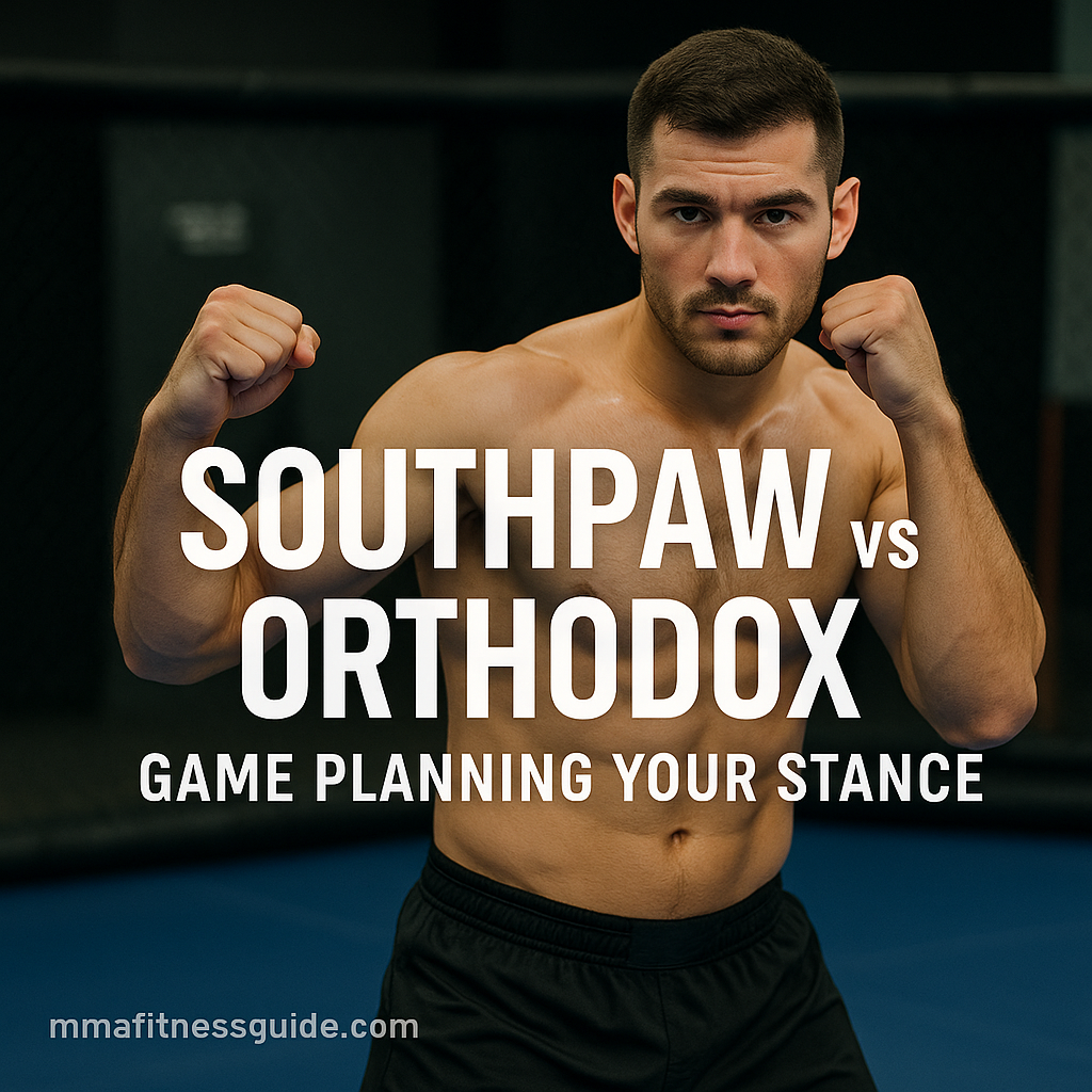 A male MMA fighter demonstrating stance positioning inside a gym, with the title “Southpaw vs Orthodox: Game Planning Your Stance” displayed across the image.