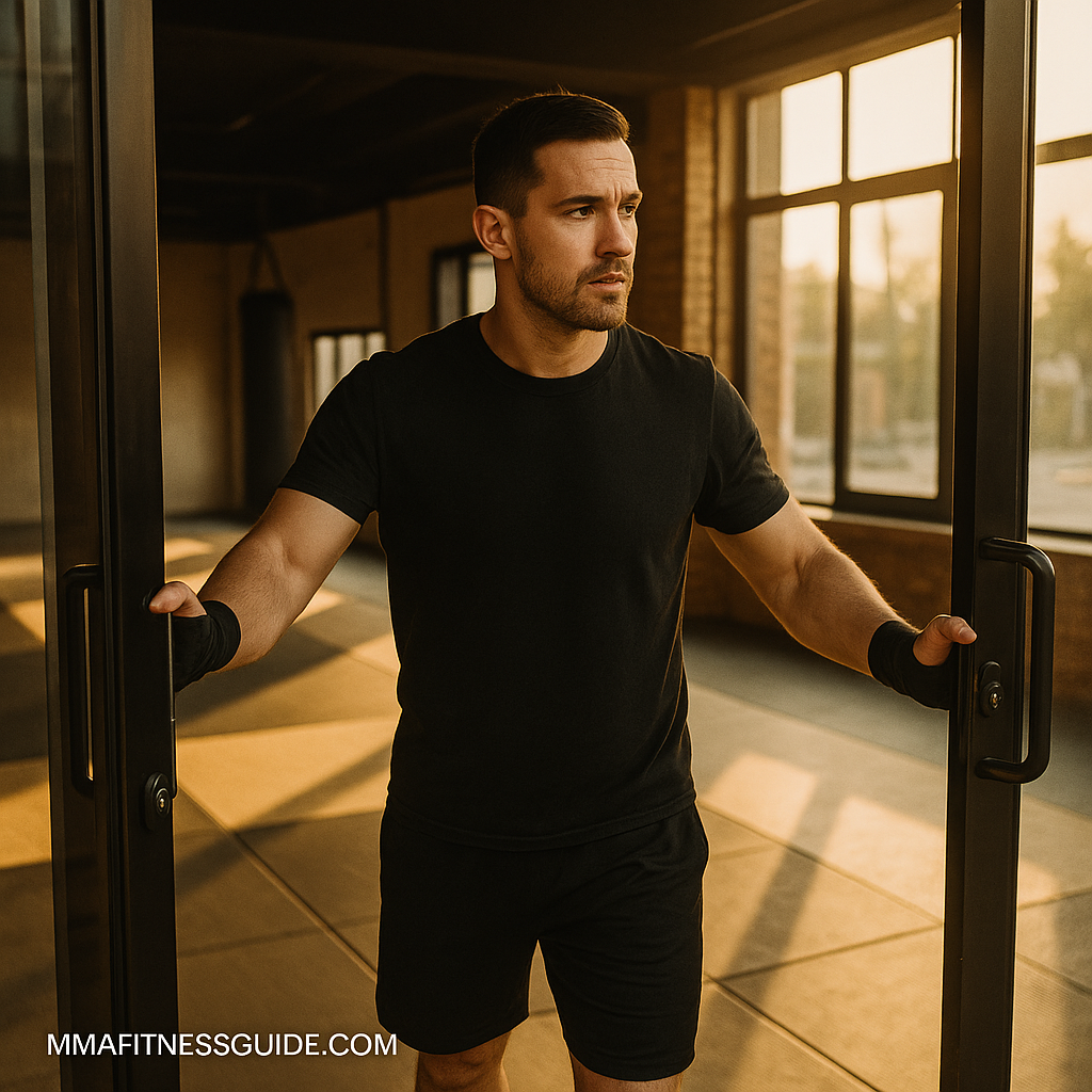 MMA coach opening his martial arts gym in morning light, representing motivation and new beginnings.