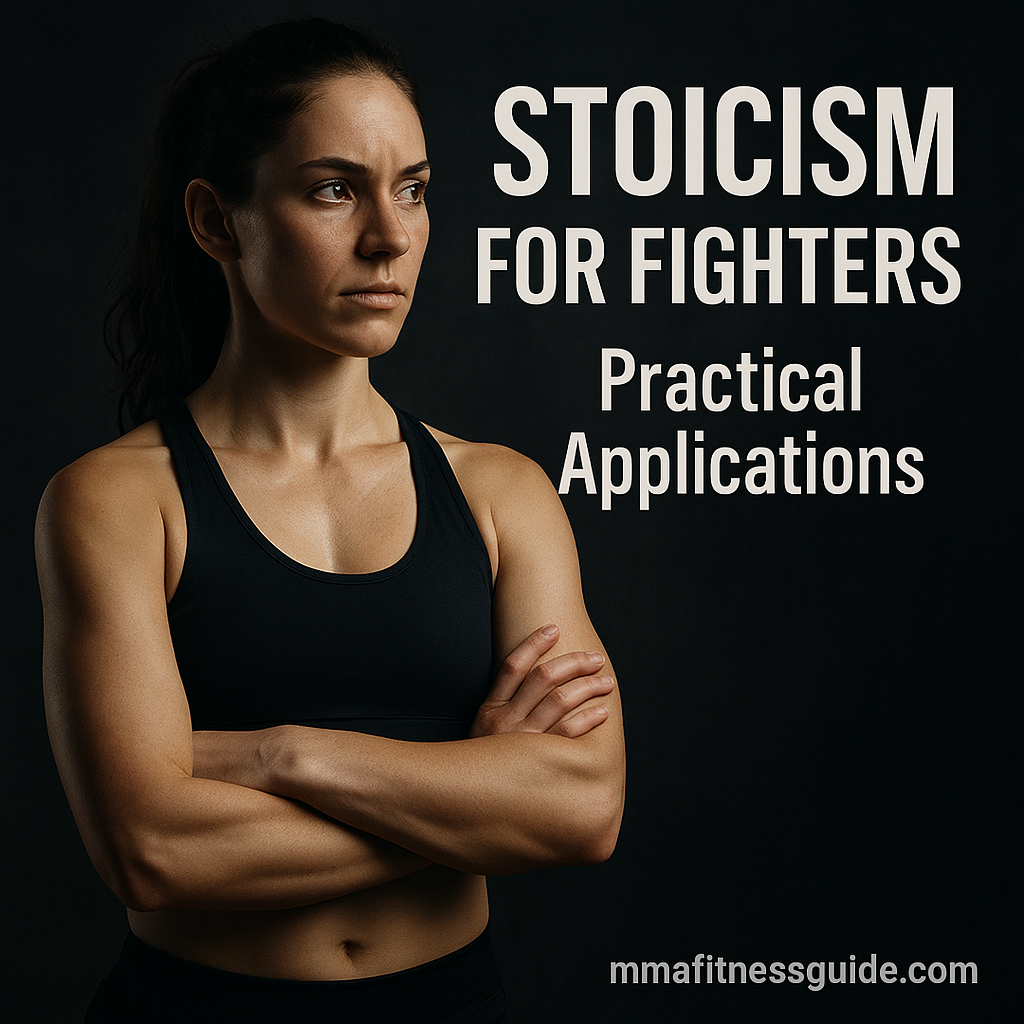 Female fighter standing with arms crossed against a dark background, representing Stoicism for Fighters with title text Practical Applications.