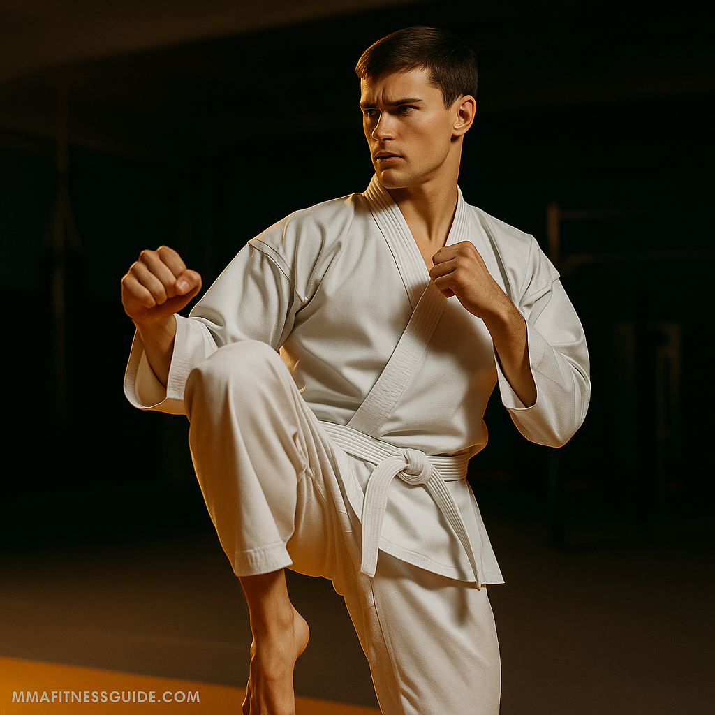 Male martial artist in white training uniform holding a balanced stance in a gym under warm lighting.