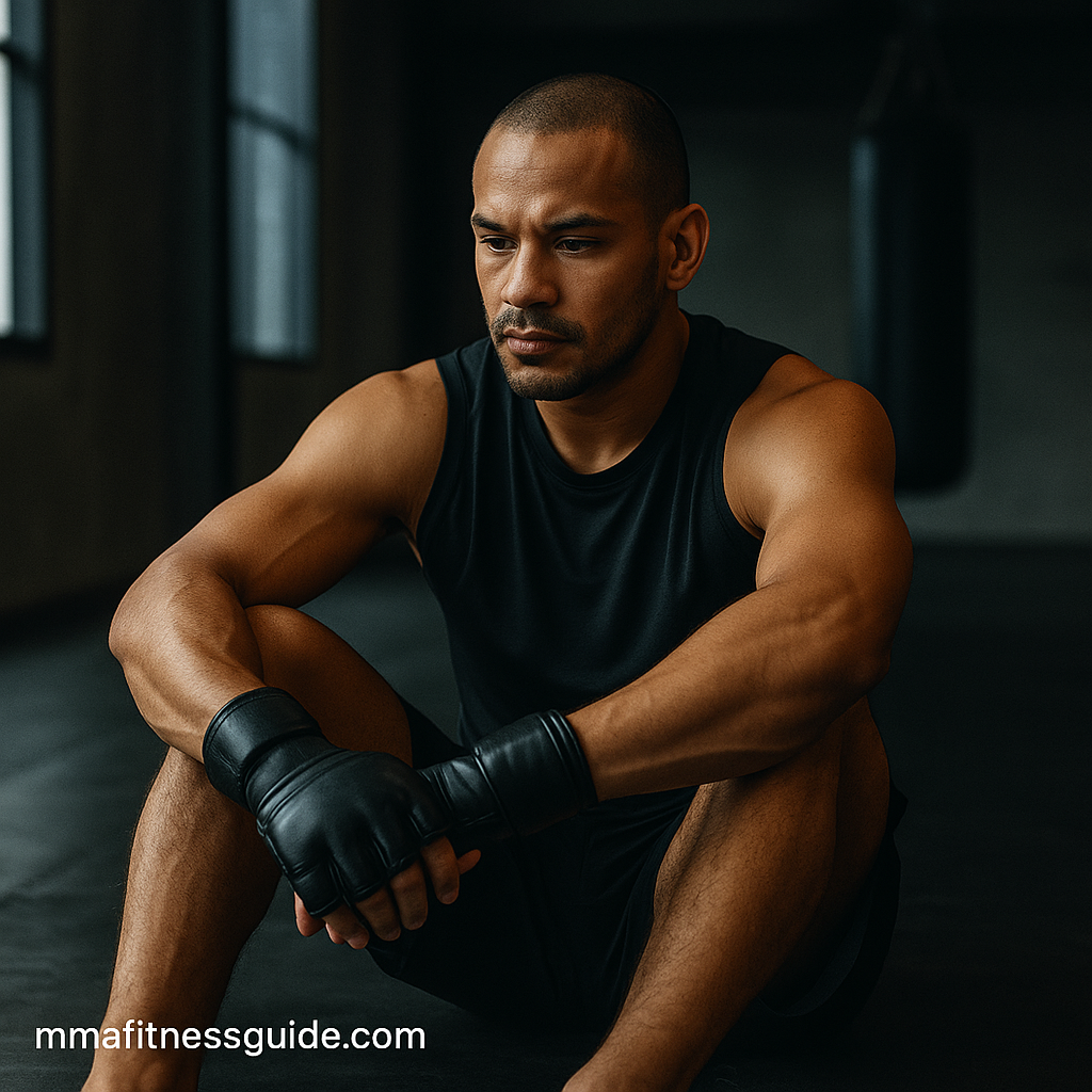 Male MMA athlete sitting in a quiet gym after training, reflecting with focus and determination.