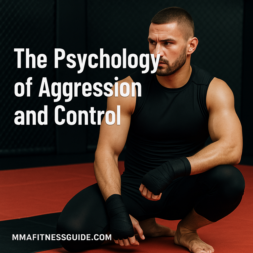 A focused male MMA fighter kneeling on red mats inside a gym, representing controlled aggression, with the title “The Psychology of Aggression and Control” displayed.