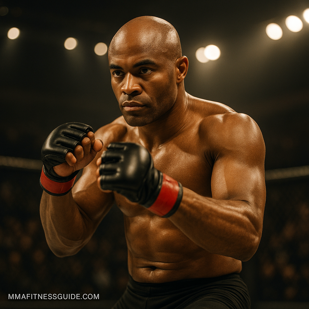 MMA fighter inspired by Anderson Silva in fighting stance under arena lights, symbolizing precision and legacy.