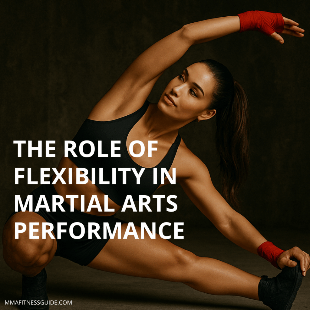 A focused female mixed martial artist performs a deep side stretch in a dark, gritty gym setting, highlighting her strength, flexibility, and red hand wraps.