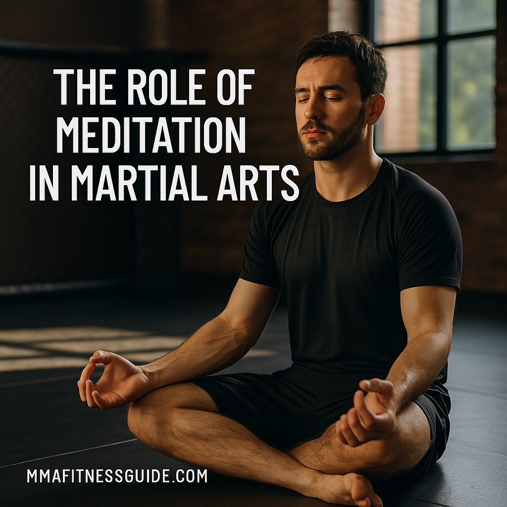 Male MMA athlete meditating cross-legged on gym mats in natural light after training.