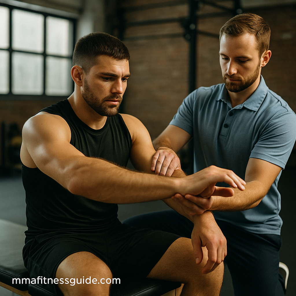 Male MMA fighter receiving arm therapy from a physical therapist in a gym with natural lighting.