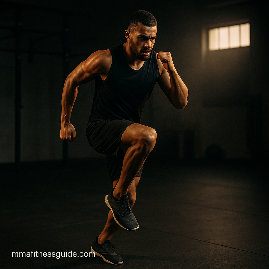 Male athlete performing cardio training in a gym with focused expression and dynamic lighting.