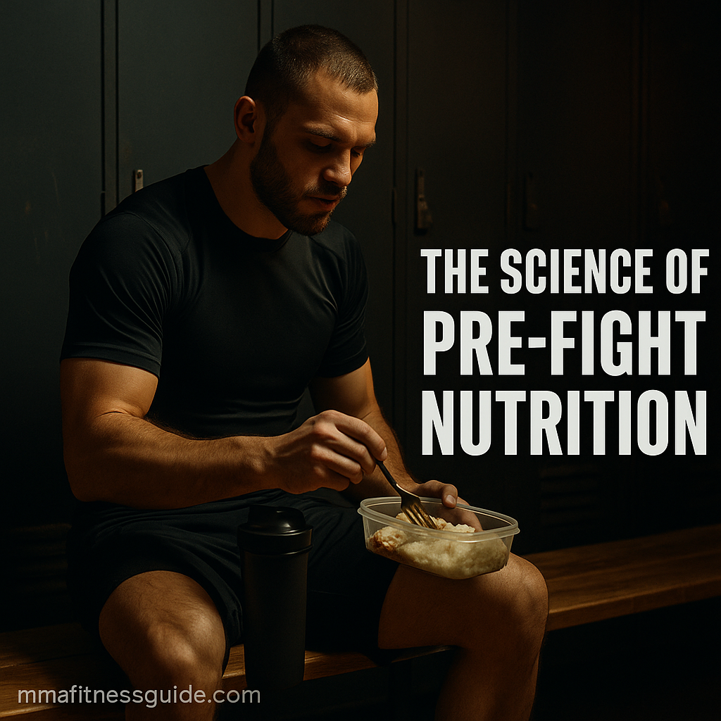 Male MMA fighter preparing a healthy pre-fight meal in a gym with focus and discipline.