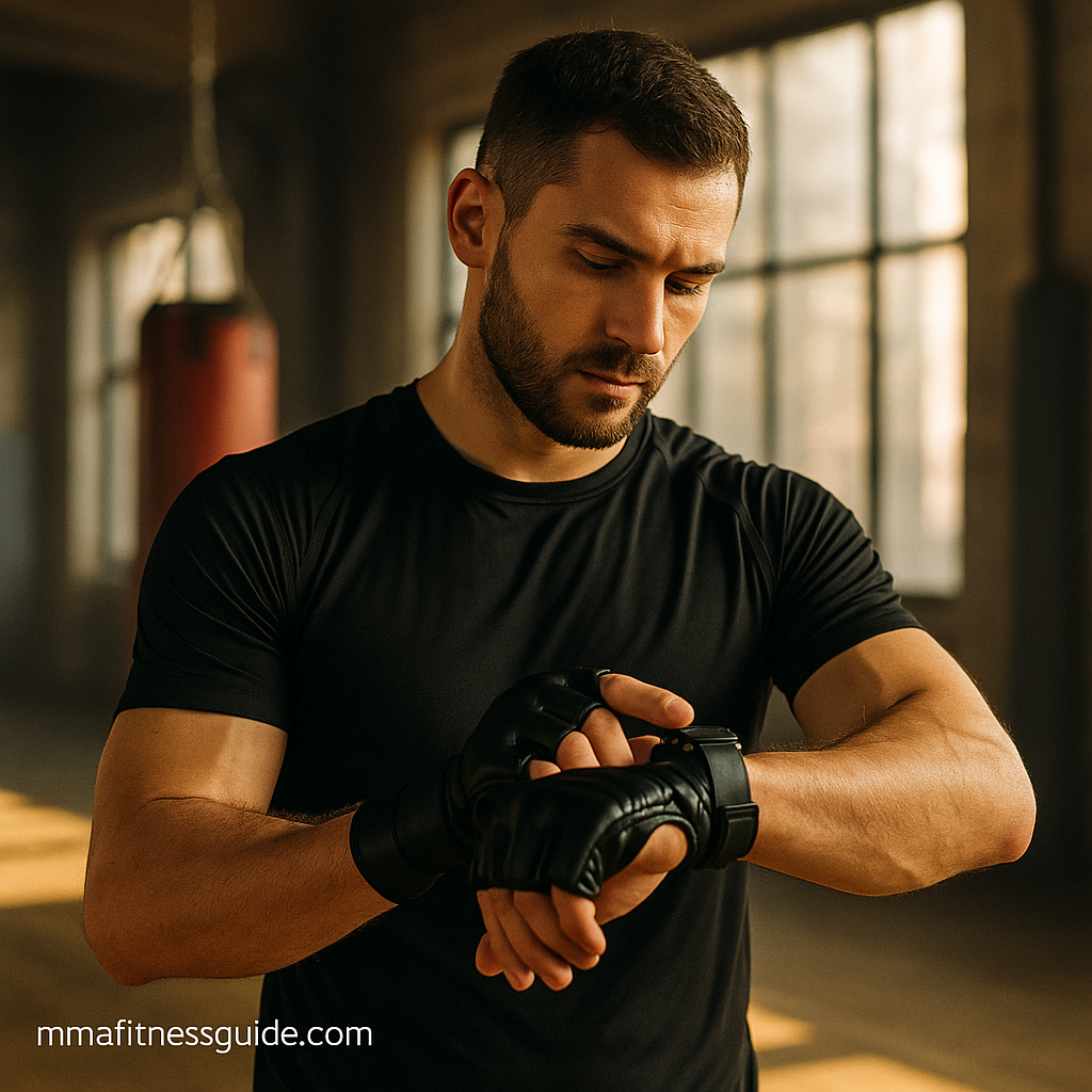 Male MMA athlete checking his watch before training in a sunlit gym with a focused expression.