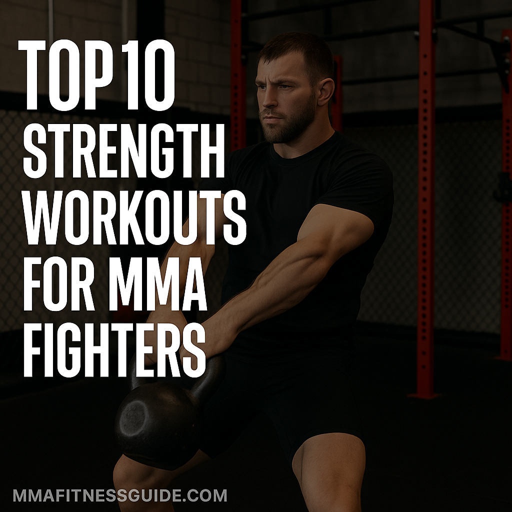 MMA fighter performing kettlebell swing during an intense strength training session.