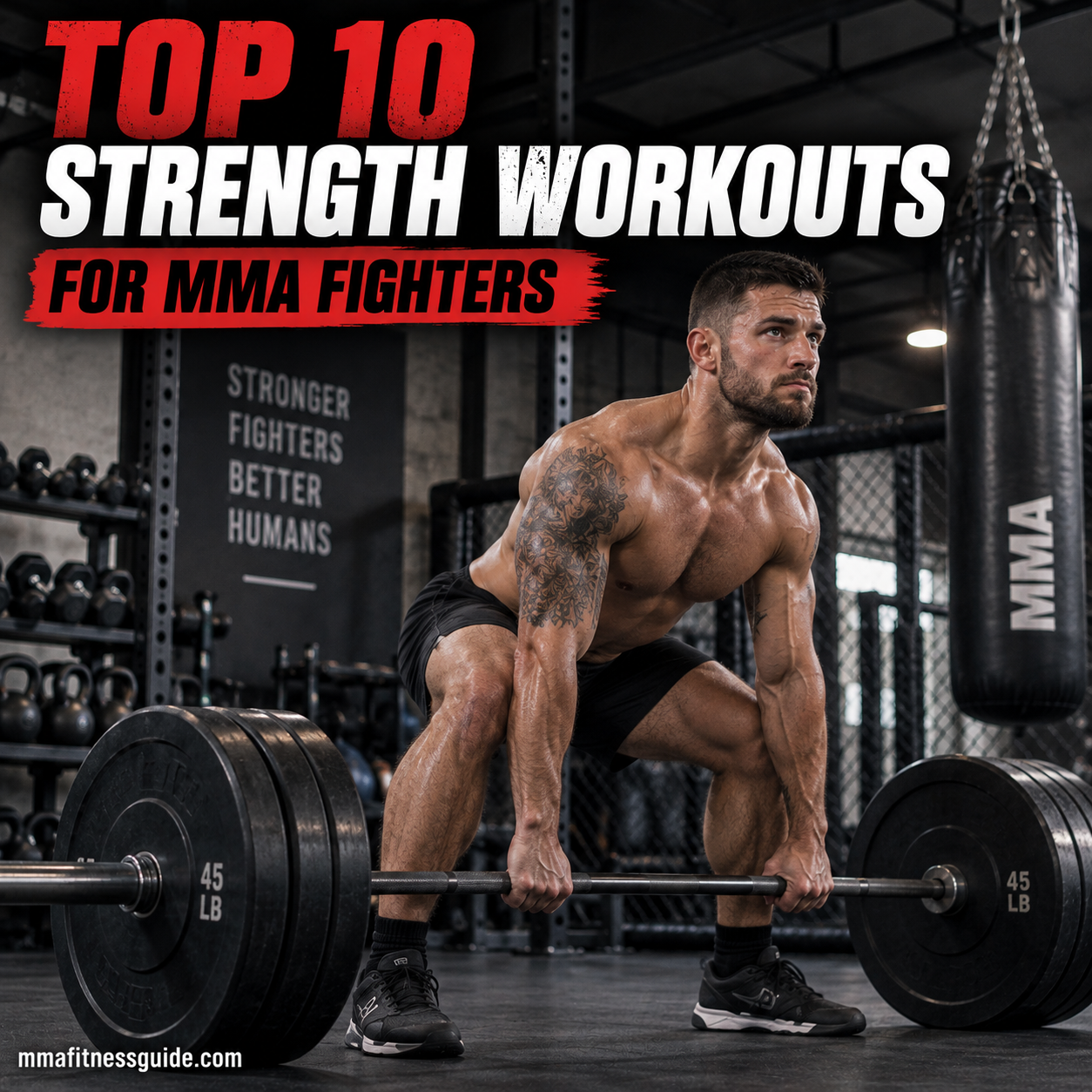 MMA fighter performing a heavy barbell deadlift in a combat sports gym to develop full-body strength and power.