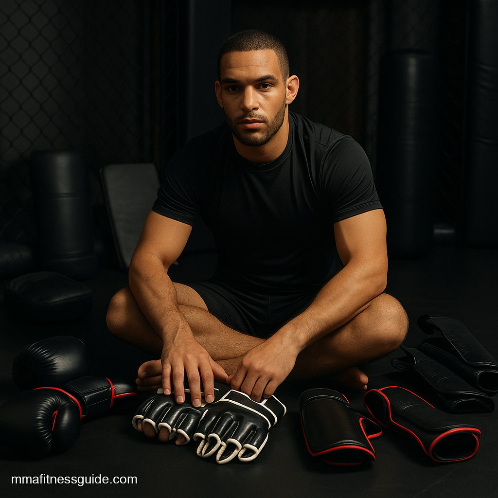 Male MMA athlete in a gym surrounded by gloves, pads, and training gear under strong lighting.