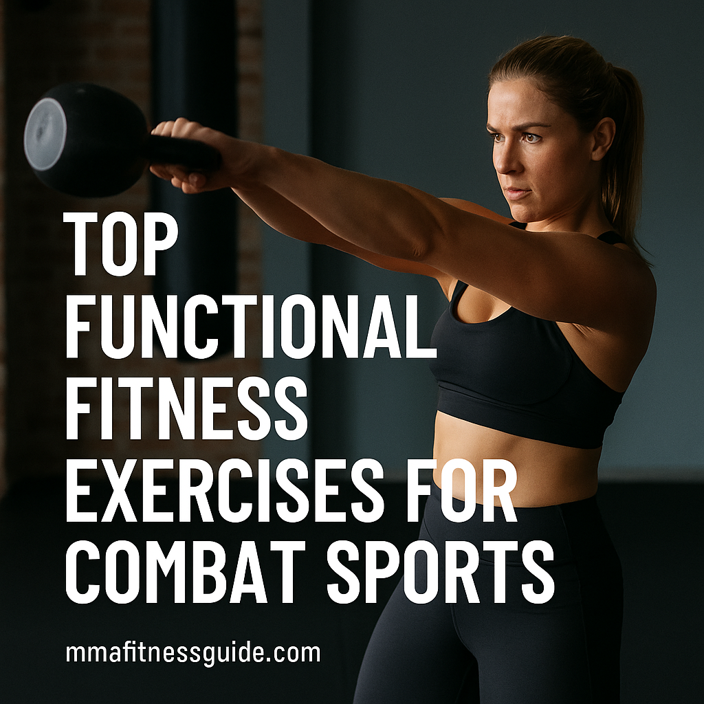 Fit female MMA athlete performing a kettlebell swing in the gym, with the title “Top Functional Fitness Exercises for Combat Sports” displayed.