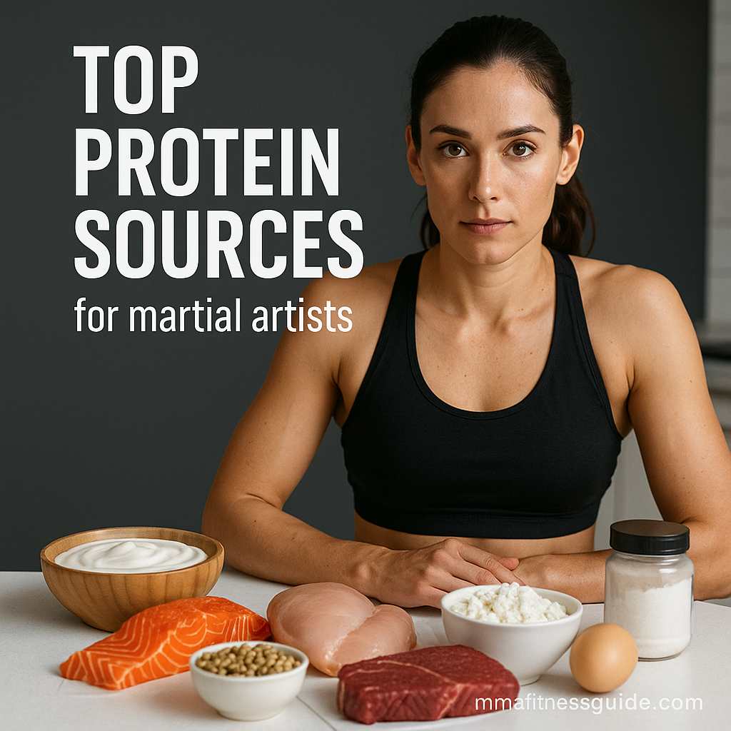 Female martial artist standing behind a selection of high-protein foods with title text reading Top Protein Sources for Martial Artists.