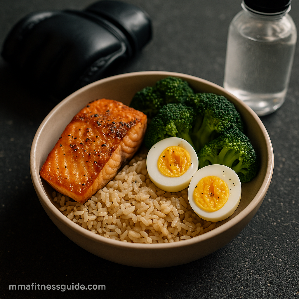 Healthy post-training recovery meal with salmon, brown rice, eggs, and broccoli beside MMA gloves.