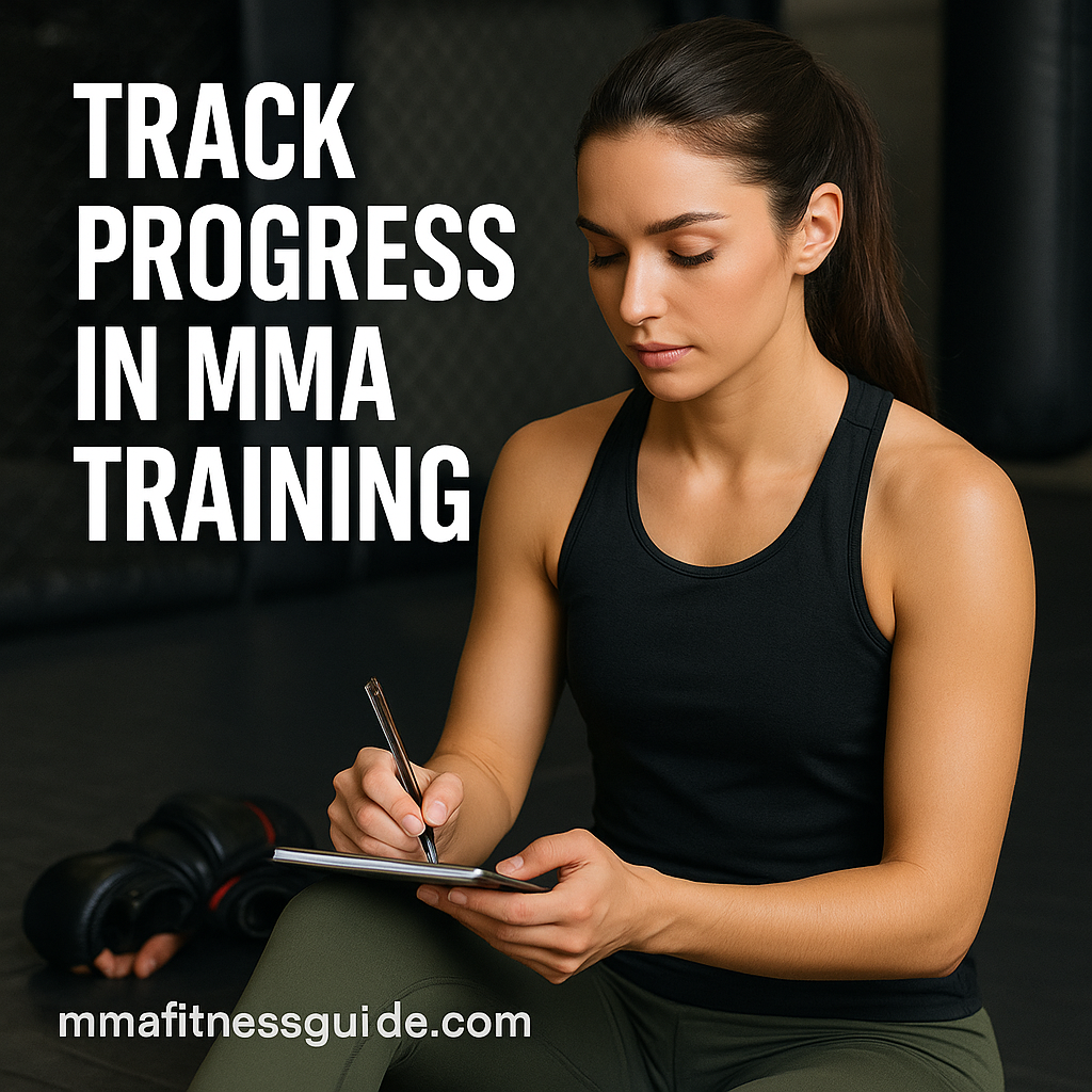 Female MMA athlete sitting on the gym mats writing in a notebook with the title “Track Progress in MMA Training” displayed.