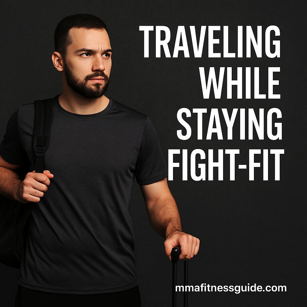Male traveler in athletic attire holding a suitcase and backpack, standing against a dark background with white title text about staying fight-fit while traveling.