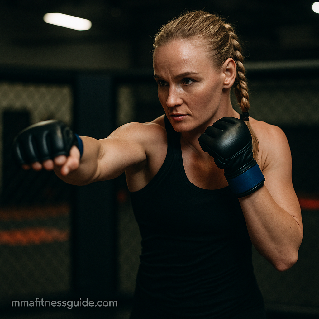 Female MMA athlete mid-strike in a gym, focused and composed, showing precision and timing.