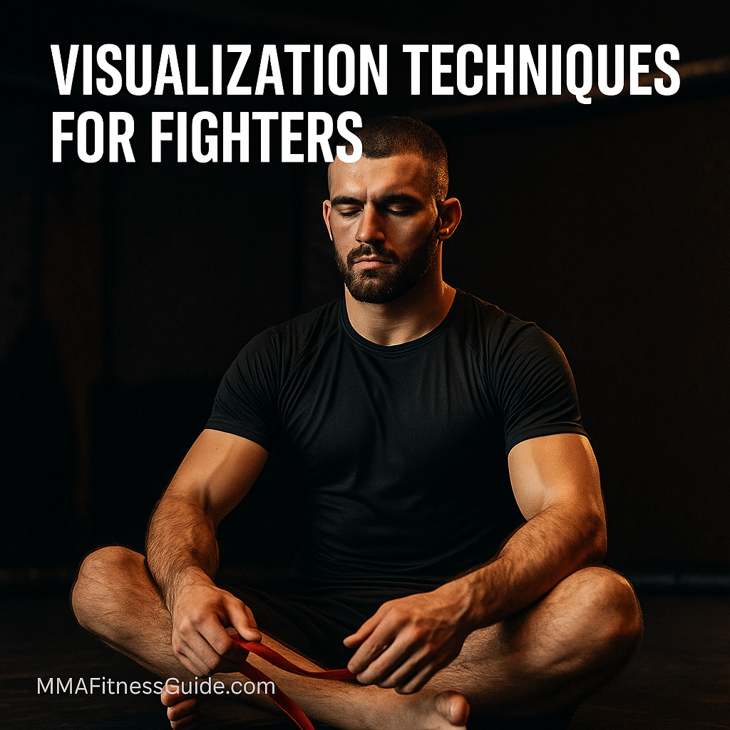 Male MMA fighter sitting cross-legged in dim gym lighting, eyes closed and visualizing before a fight.