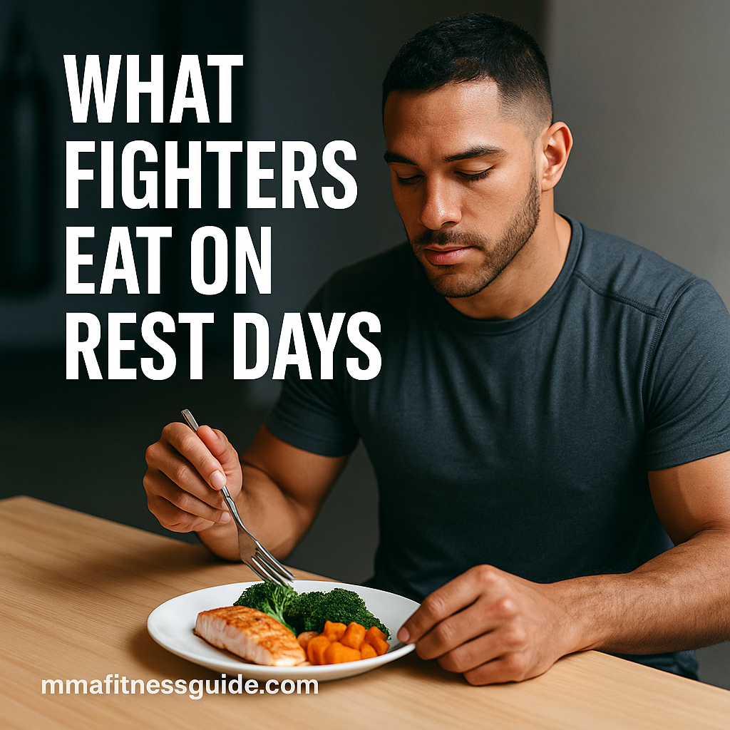 Male MMA athlete eating a clean rest-day meal with the title “What Fighters Eat on Rest Days” displayed.