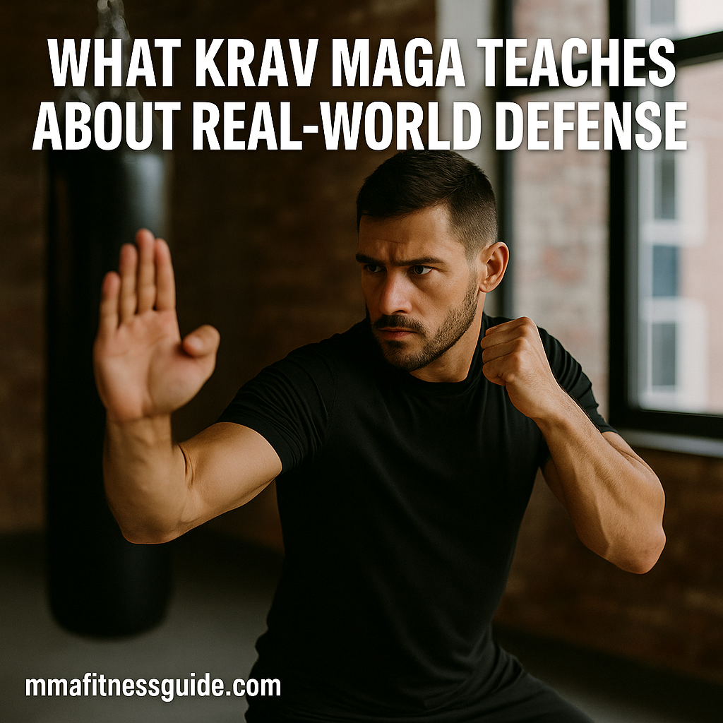 Male MMA athlete practicing self-defense technique in a gym with focused expression and natural lighting.
