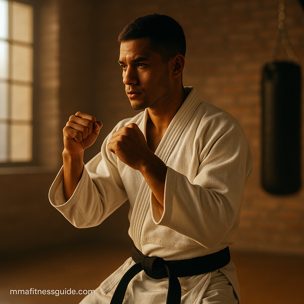Male martial artist training alone in a gym with focused expression and calm determination.