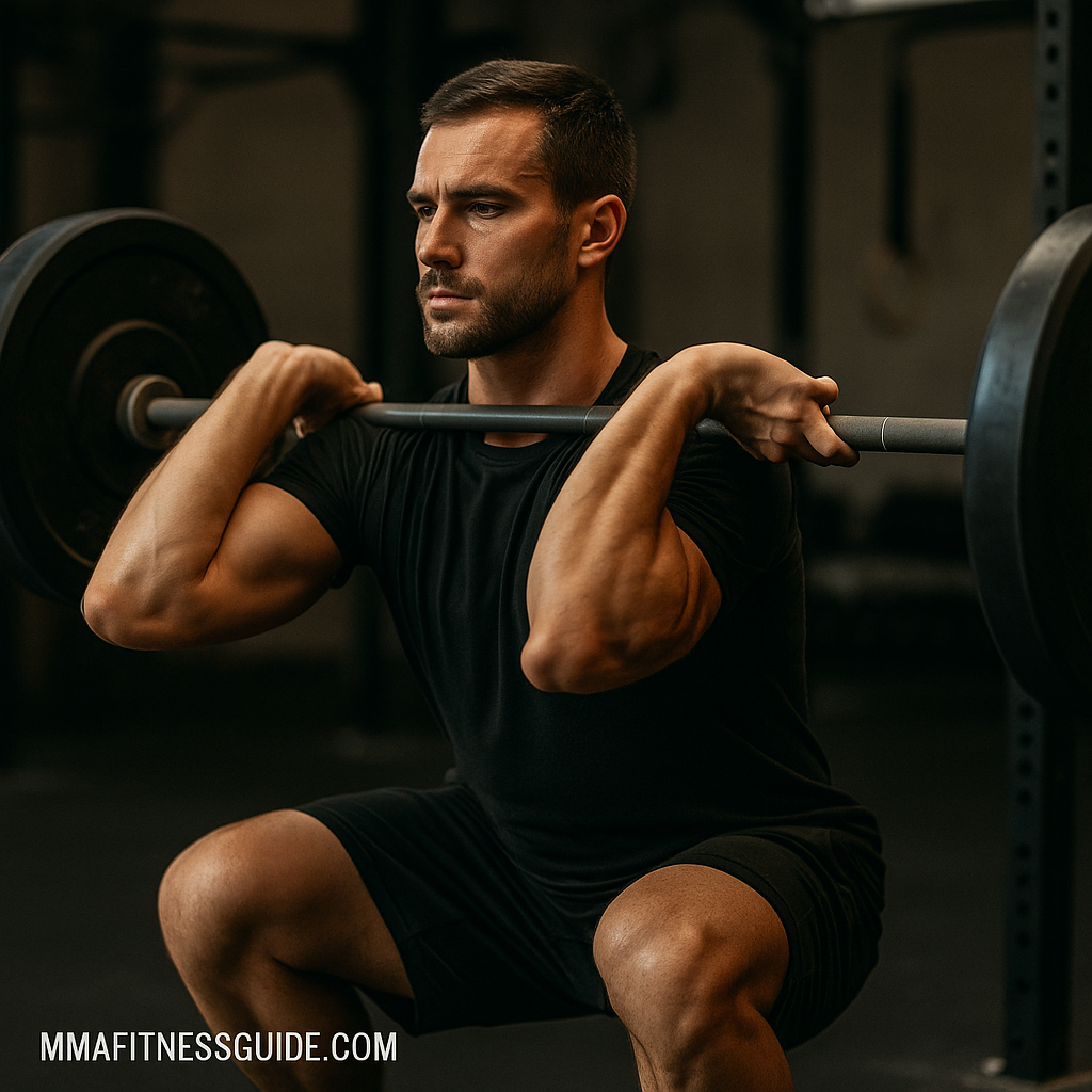 Male athlete performing a controlled exercise with perfect form and focus in a gym setting.