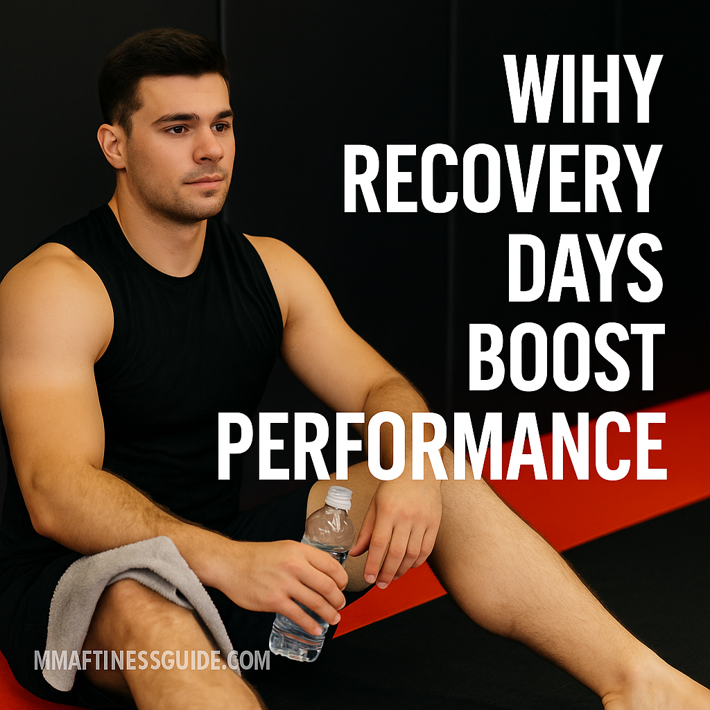 Male MMA athlete resting on the mats with a towel and water bottle, with the title “Why Recovery Days Boost Performance” displayed.