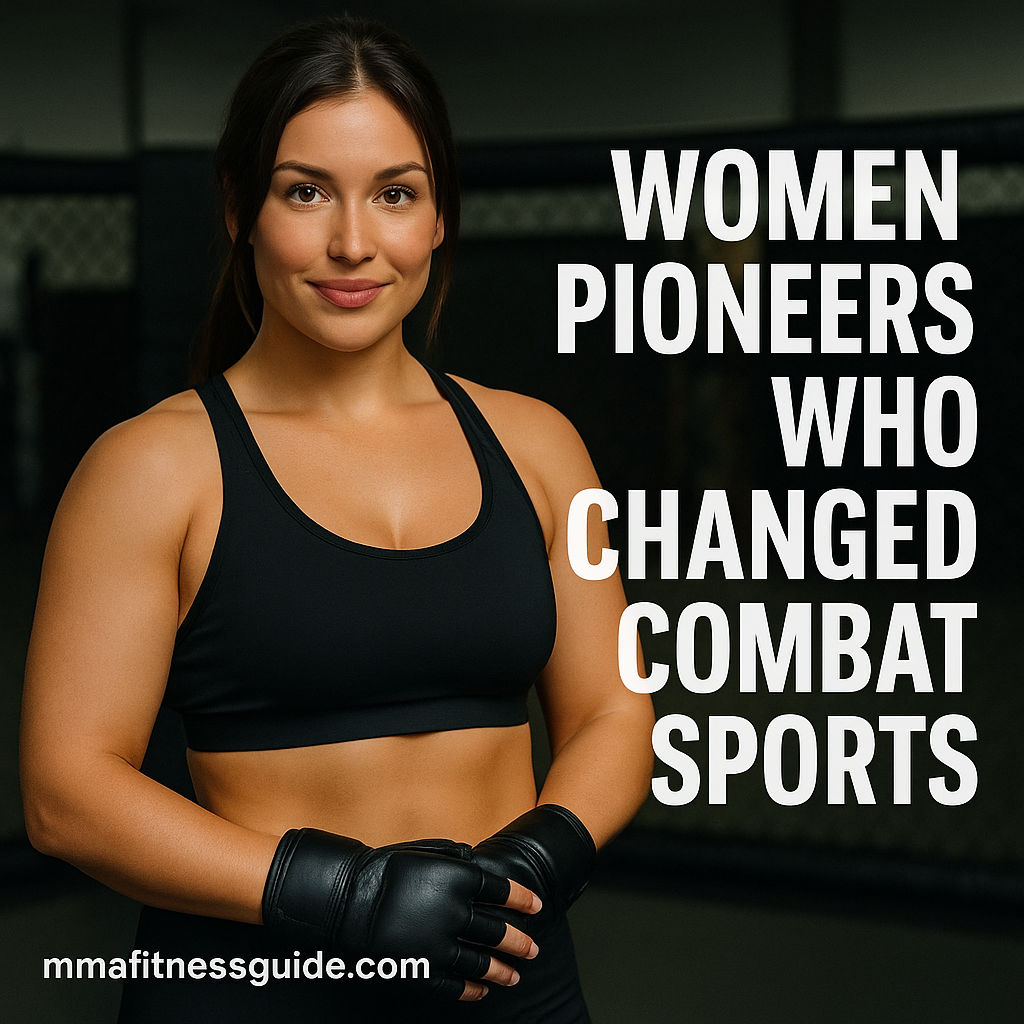 Fit, attractive female MMA athlete standing confidently in a gym with the title “Women Pioneers Who Changed Combat Sports” displayed.