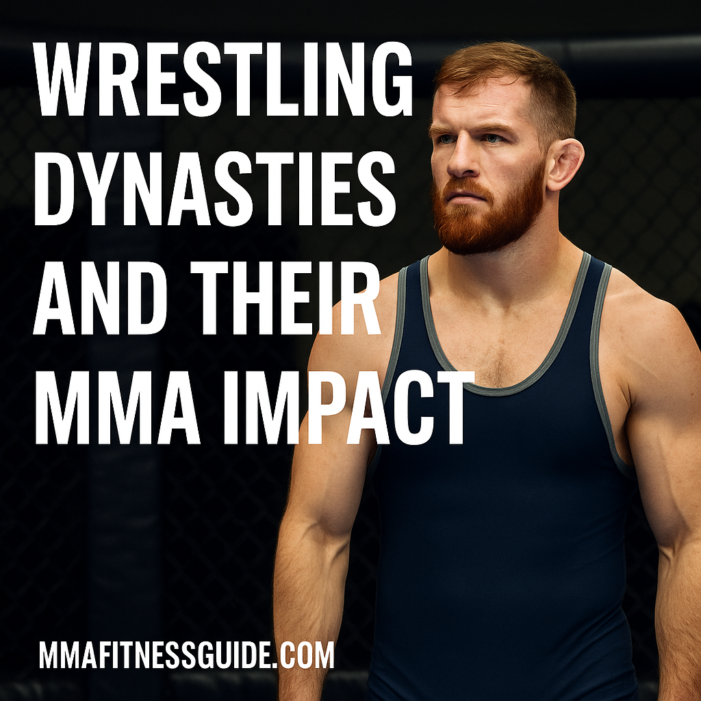 A muscular male wrestler with a reddish beard standing in front of an MMA cage, with the title “Wrestling Dynasties and Their MMA Impact” displayed.