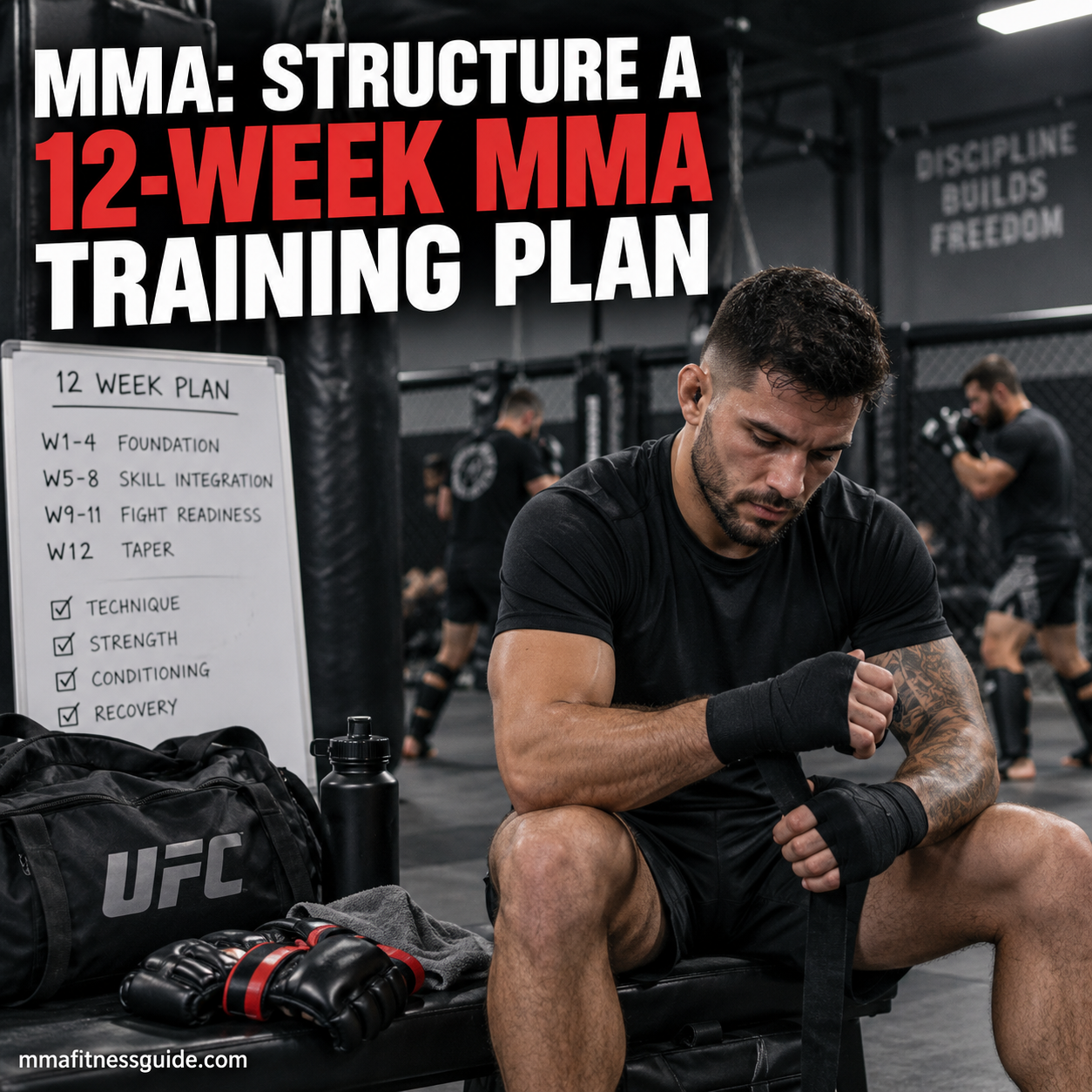 MMA fighter following a structured 12-week MMA training plan in a combat sports gym.